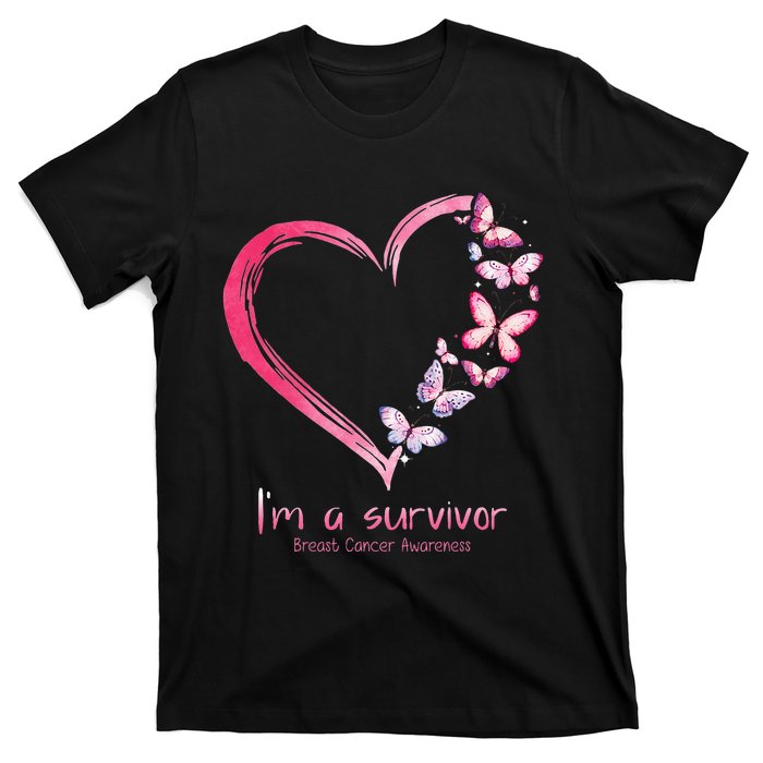 Pink Butterfly Heart Im A Survivor Breast Cancer Awareness T-Shirt