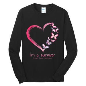 Pink Butterfly Heart Im A Survivor Breast Cancer Awareness Tall Long Sleeve T-Shirt