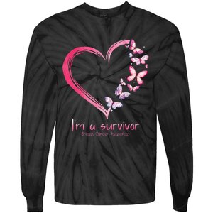 Pink Butterfly Heart Im A Survivor Breast Cancer Awareness Tie-Dye Long Sleeve Shirt