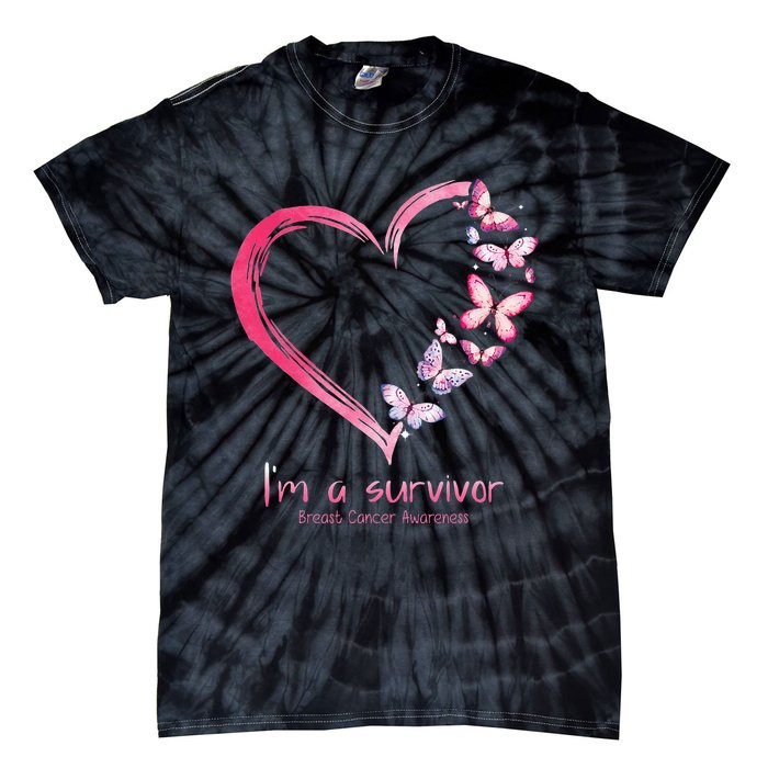 Pink Butterfly Heart Im A Survivor Breast Cancer Awareness Tie-Dye T-Shirt