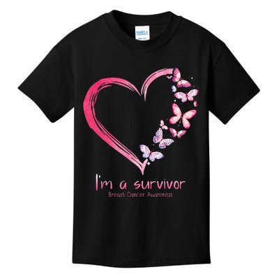 Pink Butterfly Heart Im A Survivor Breast Cancer Awareness Kids T-Shirt