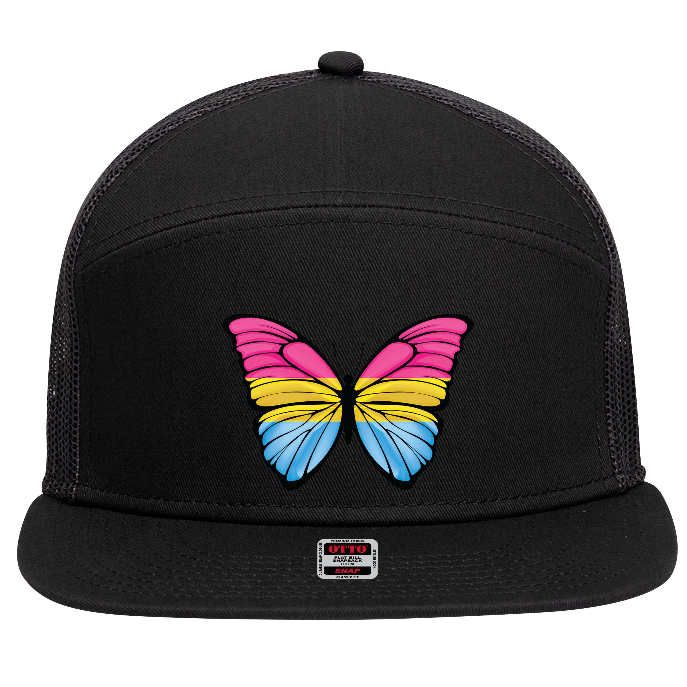 Pansexual Butterfly Hypolimnas Pan Pride Flag Pansexuality 7 Panel Mesh Trucker Snapback Hat