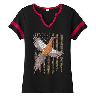 Pheasant Bird Hunting Usa American Flag Tree Camouflage Great Gift Ladies Halftime Notch Neck Tee