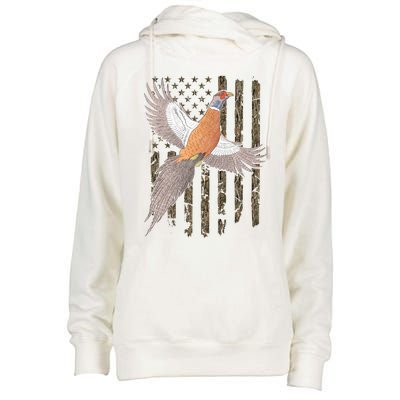 Pheasant Bird Hunting Usa American Flag Tree Camouflage Great Gift Womens Funnel Neck Pullover Hood