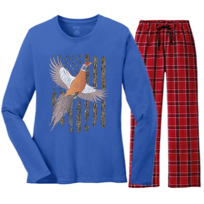 Pheasant Bird Hunting Usa American Flag Tree Camouflage Great Gift Women's Long Sleeve Flannel Pajama Set 