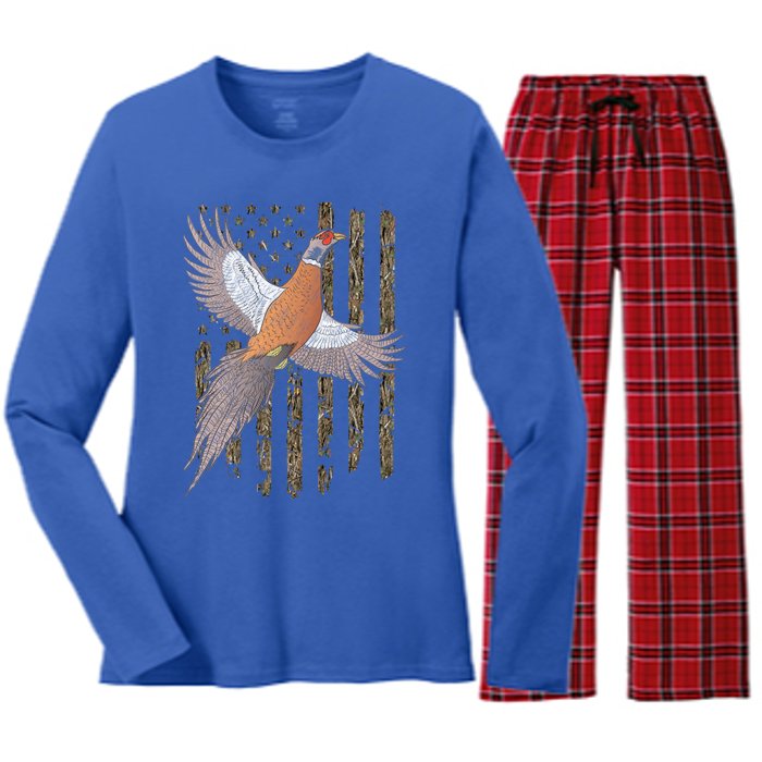 Pheasant Bird Hunting Usa American Flag Tree Camouflage Great Gift Women's Long Sleeve Flannel Pajama Set 