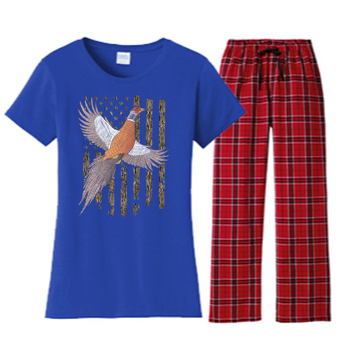 Pheasant Bird Hunting Usa American Flag Tree Camouflage Great Gift Women's Flannel Pajama Set