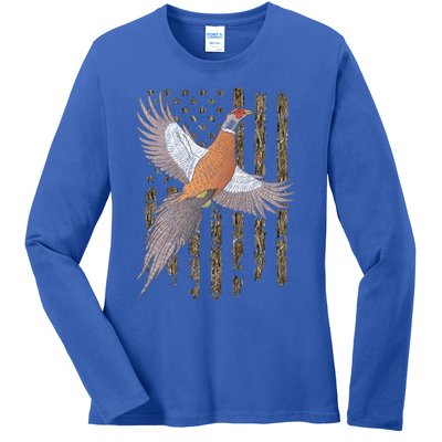 Pheasant Bird Hunting Usa American Flag Tree Camouflage Great Gift Ladies Long Sleeve Shirt