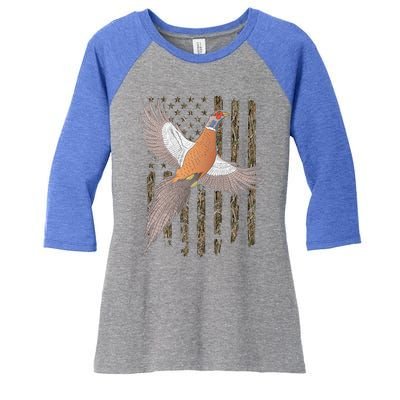 Pheasant Bird Hunting Usa American Flag Tree Camouflage Great Gift Women's Tri-Blend 3/4-Sleeve Raglan Shirt