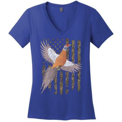 Pheasant Bird Hunting Usa American Flag Tree Camouflage Great Gift Women's V-Neck T-Shirt