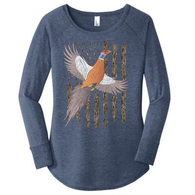 Pheasant Bird Hunting Usa American Flag Tree Camouflage Great Gift Women's Perfect Tri Tunic Long Sleeve Shirt