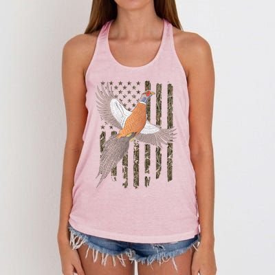 Pheasant Bird Hunting Usa American Flag Tree Camouflage Great Gift Women's Knotted Racerback Tank