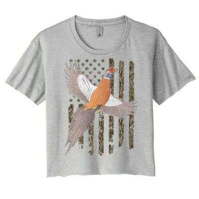 Pheasant Bird Hunting Usa American Flag Tree Camouflage Great Gift Women's Crop Top Tee