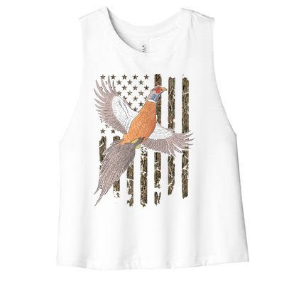 Pheasant Bird Hunting Usa American Flag Tree Camouflage Great Gift Women's Racerback Cropped Tank