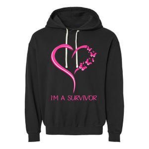 Pink Butterfly Heart IM A Survivor Breast Cancer Awareness Garment-Dyed Fleece Hoodie