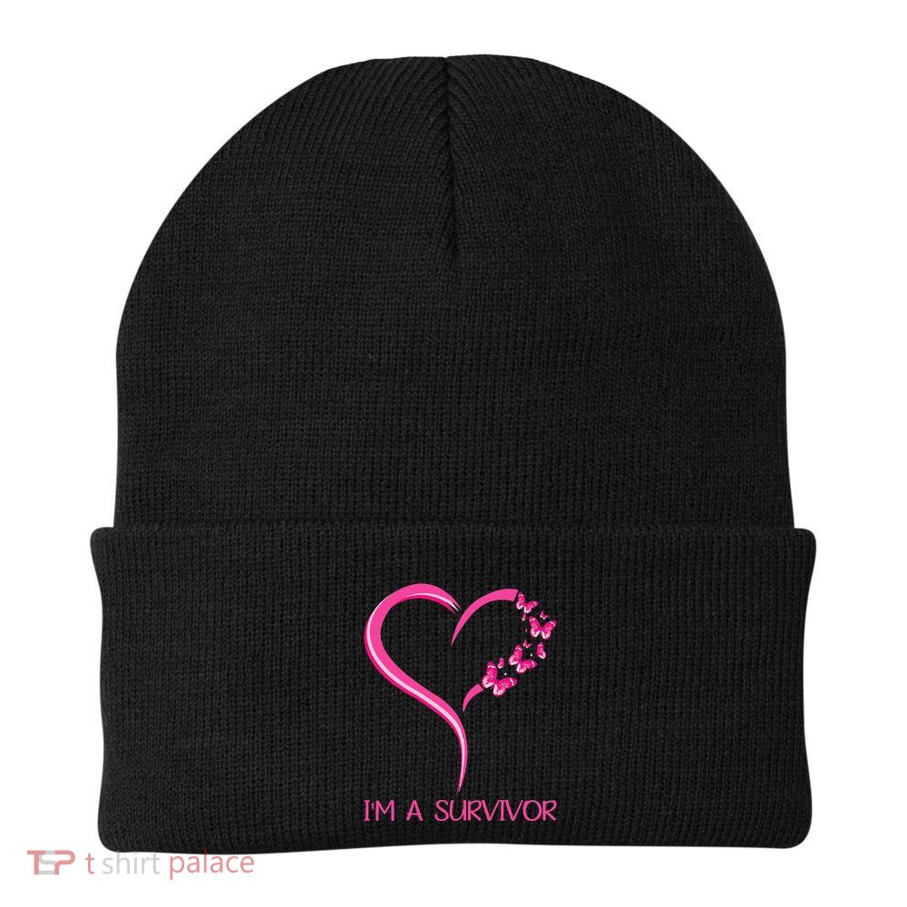 Pink Butterfly Heart IM A Survivor Breast Cancer Awareness Beanie