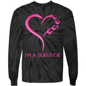 Pink Butterfly Heart IM A Survivor Breast Cancer Awareness Tie-Dye Long Sleeve Shirt