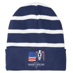 Proud Basset Hound Dad American Flag Patriotic Dog Gift Striped Beanie with Solid Band