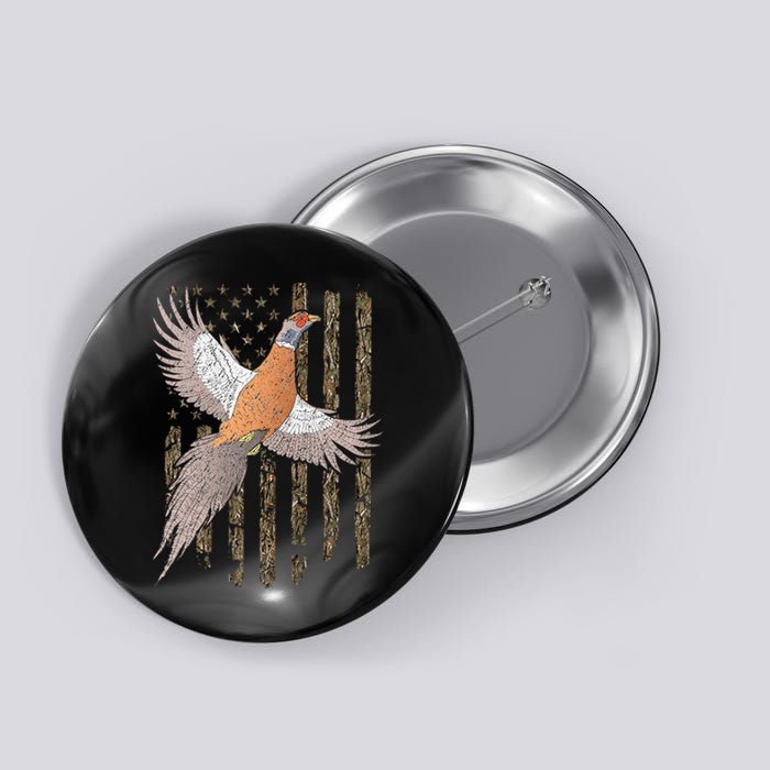 Pheasant Bird Hunting Usa American Flag Tree Camouflage Button