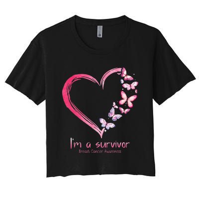 Pink Butterfly Heart Im A Survivor Breast Cancer Awareness Women's Crop Top Tee