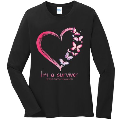 Pink Butterfly Heart Im A Survivor Breast Cancer Awareness Ladies Long Sleeve Shirt