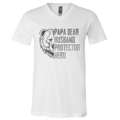 Papa Bear Husband Protector Hero Dad Funny Father's day V-Neck T-Shirt