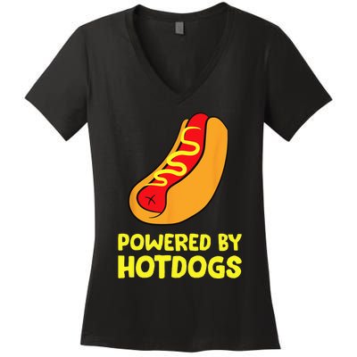 Powered By Hotdogs Funny Hotdog Women's V-Neck T-Shirt