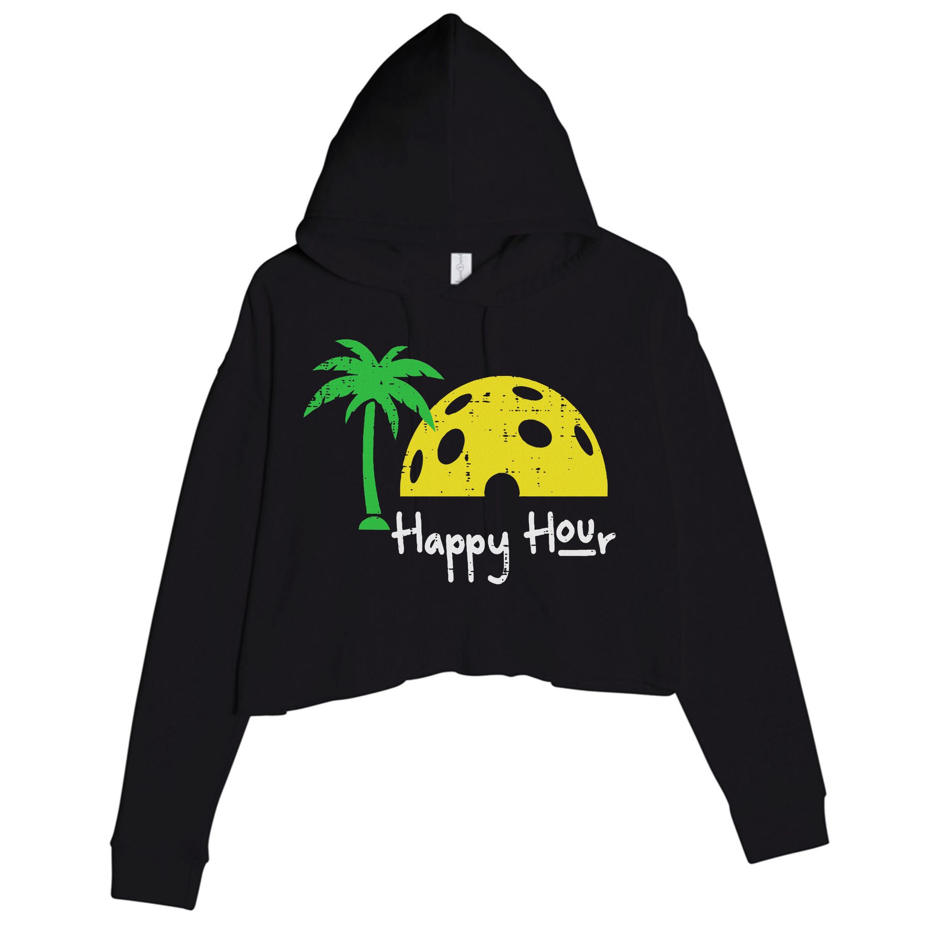 Pickle Ball Happy Hour Palm Tree Pickleball Women Crop Fleece Hoodie