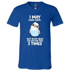 Parakeet Bird In My Head IVe Bitten You 3 Times Budgie Bird V-Neck T-Shirt