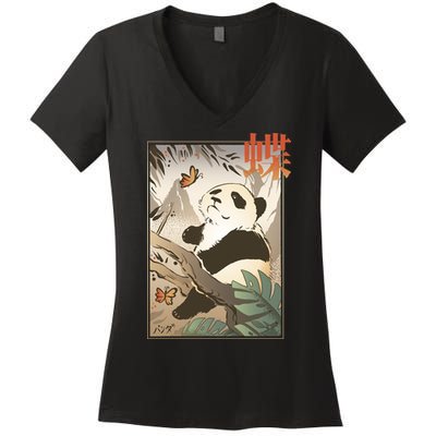 Panda Butterfly Japanese Women's V-Neck T-Shirt