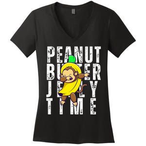 Peanut Butter Jelly Time Monkey Dancing In A Banana Women's V-Neck T-Shirt