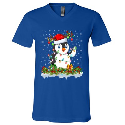 Penguin Bird Lover Xmas Lighting Santa Penguin Christmas Gift V-Neck T-Shirt