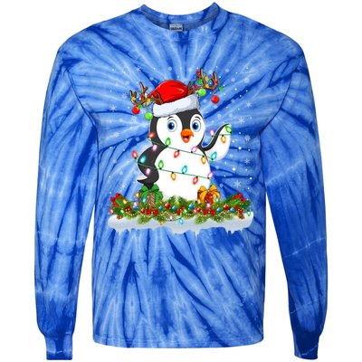 Penguin Bird Lover Xmas Lighting Santa Penguin Christmas Gift Tie-Dye Long Sleeve Shirt