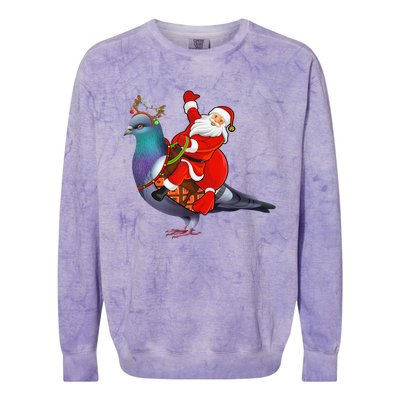 Pigeon Bird Lover Xmas Santa Riding Pigeon Christmas Long Sleeve Colorblast Crewneck Sweatshirt