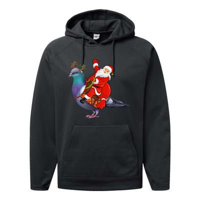 Pigeon Bird Lover Xmas Santa Riding Pigeon Christmas Long Sleeve Performance Fleece Hoodie