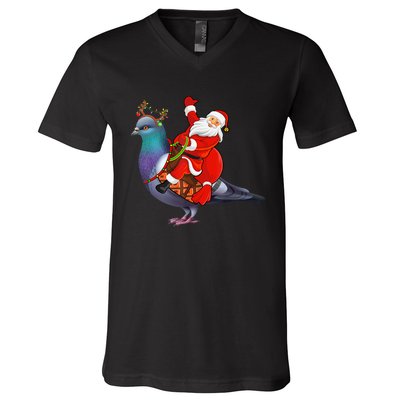 Pigeon Bird Lover Xmas Santa Riding Pigeon Christmas Long Sleeve V-Neck T-Shirt