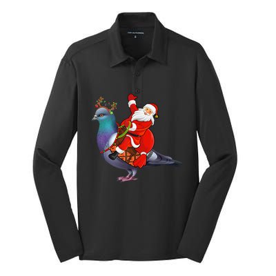 Pigeon Bird Lover Xmas Santa Riding Pigeon Christmas Long Sleeve Silk Touch Performance Long Sleeve Polo