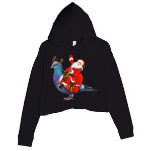 Pigeon Bird Lover Xmas Santa Riding Pigeon Christmas Long Sleeve Crop Fleece Hoodie