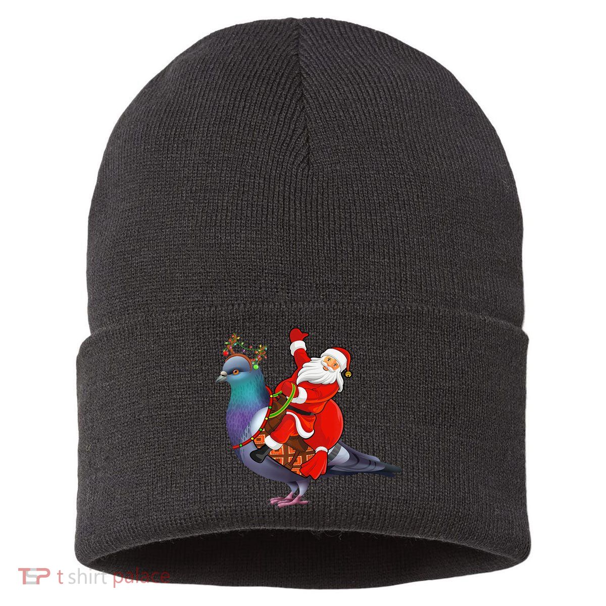 Pigeon Bird Lover Xmas Santa Riding Pigeon Christmas Long Sleeve Sustainable Knit Beanie