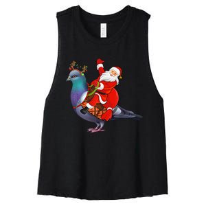 Pigeon Bird Lover Xmas Santa Riding Pigeon Christmas Long Sleeve Women's Racerback Cropped Tank