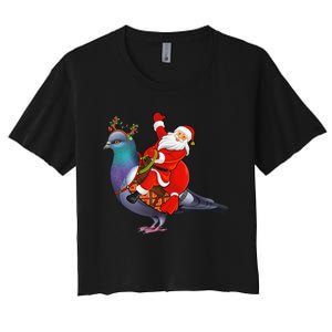 Pigeon Bird Lover Xmas Santa Riding Pigeon Christmas Long Sleeve Women's Crop Top Tee