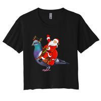 Pigeon Bird Lover Xmas Santa Riding Pigeon Christmas Long Sleeve Women's Crop Top Tee