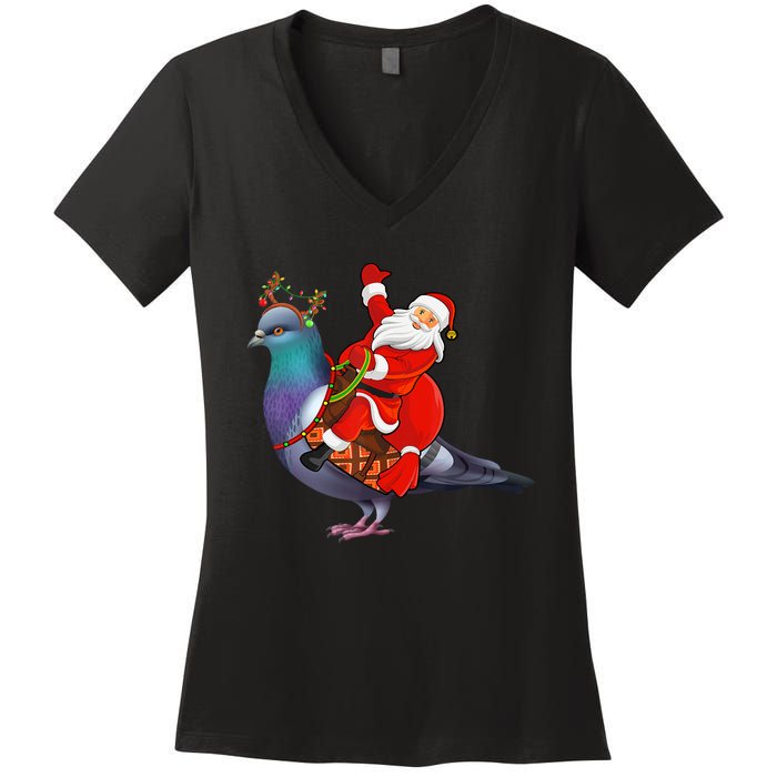 Pigeon Bird Lover Xmas Santa Riding Pigeon Christmas Long Sleeve Women's V-Neck T-Shirt