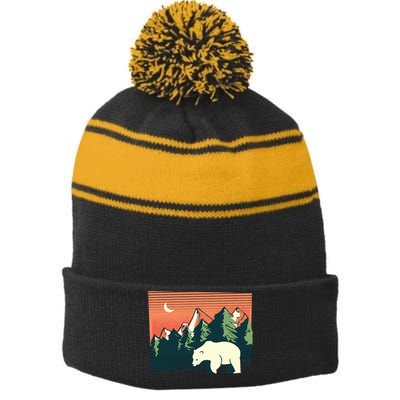 Polar Bear Landscape Stripe Pom Pom Beanie