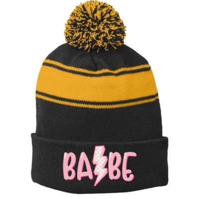 Pink Babe Lightning Bolt Little Stripe Pom Pom Beanie