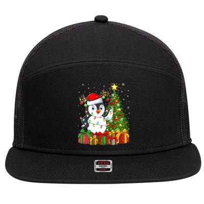 Penguin Bird Lover Xmas Holiday Santa Penguin Christmas Tree Gift 7 Panel Mesh Trucker Snapback Hat