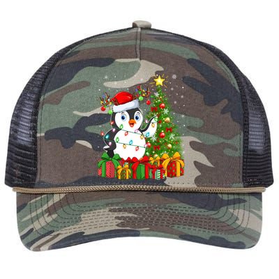 Penguin Bird Lover Xmas Holiday Santa Penguin Christmas Tree Gift Retro Rope Trucker Hat Cap