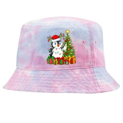 Penguin Bird Lover Xmas Holiday Santa Penguin Christmas Tree Gift Tie-Dyed Bucket Hat