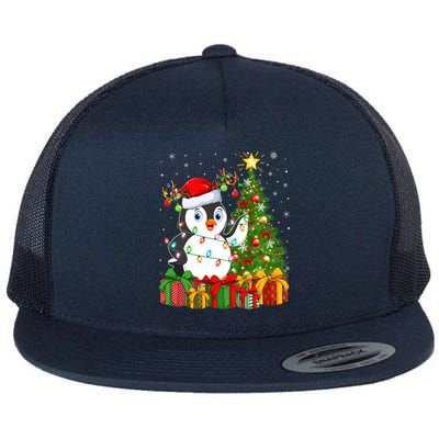 Penguin Bird Lover Xmas Holiday Santa Penguin Christmas Tree Gift Flat Bill Trucker Hat