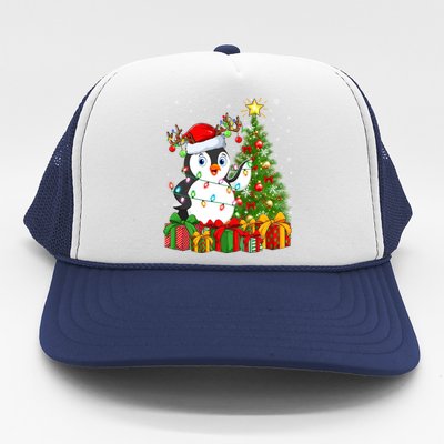 Penguin Bird Lover Xmas Holiday Santa Penguin Christmas Tree Gift Trucker Hat